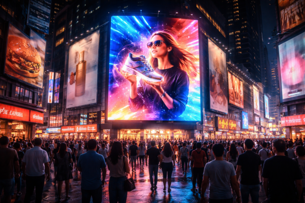 شاشة LED مضيئة تجذب الانتباه في شارع مزدحم مقارنة بالإعلانات التقليدية