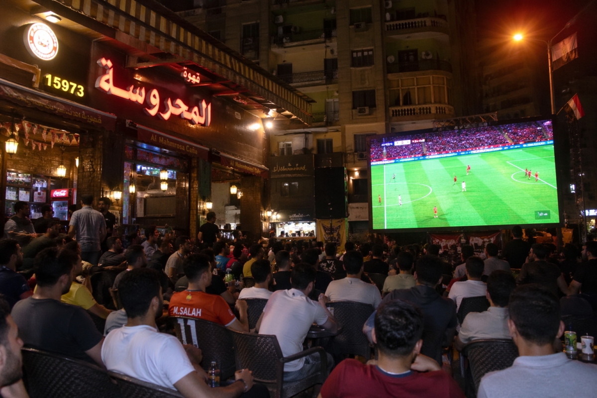 شاشات عرض خارجية للكافيهات تعرض مباراة كرة قدم في شارع مصري مزدحم أثناء كأس العالم