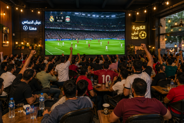 جمهور يشاهد مباراة كرة قدم في كافيه على شاشة LED كبيرة