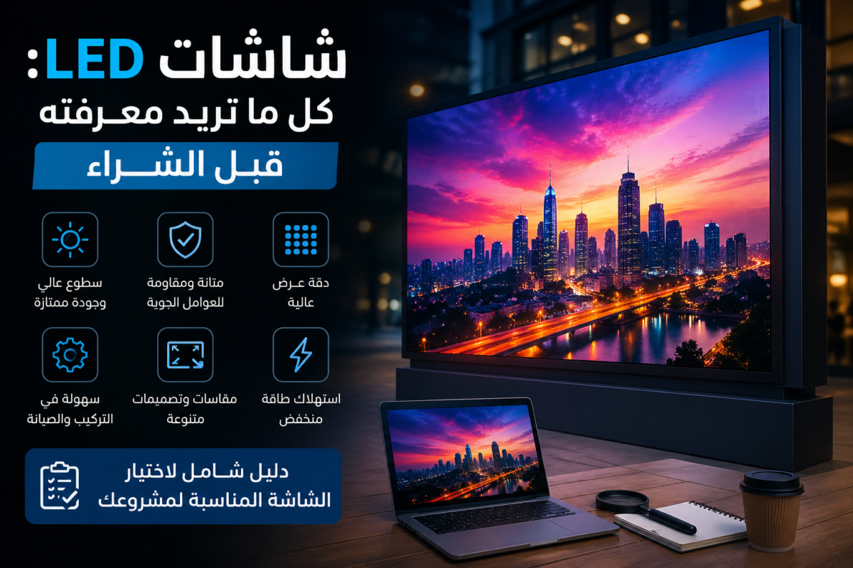 شاشة LED كبيرة تعرض محتوى إعلاني عالي الجودة مع توضيح مميزات شاشات LED قبل الشراء