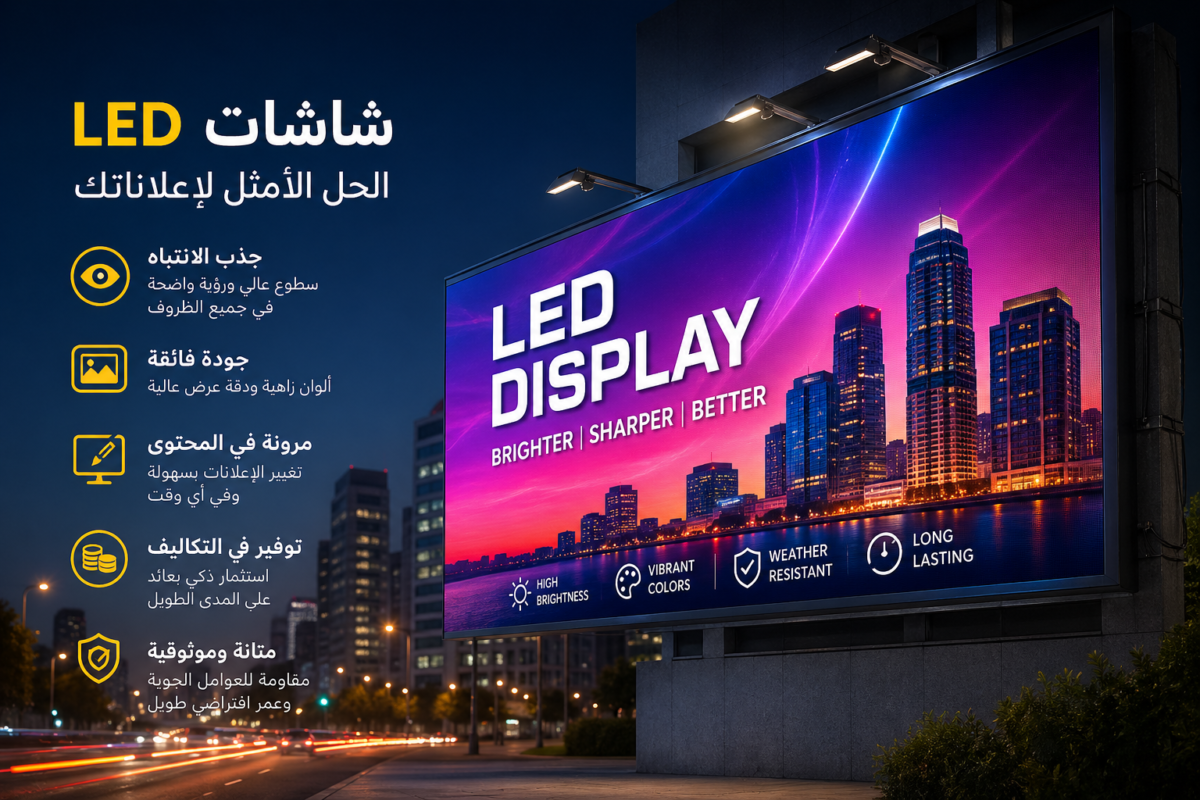 شاشة LED إعلانية كبيرة مضيئة في مدينة حديثة ليلاً تعرض إعلانًا جذابًا يعكس مميزات شاشات LED في الإعلانات الخارجية