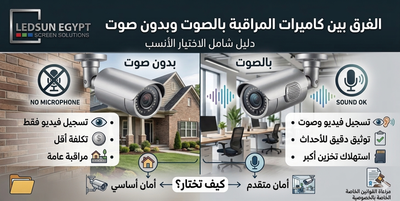 مقارنة بين كاميرات المراقبة بالصوت وبدون صوت توضح الفرق في تسجيل الفيديو والصوت داخل أنظمة الأمان الحديثة