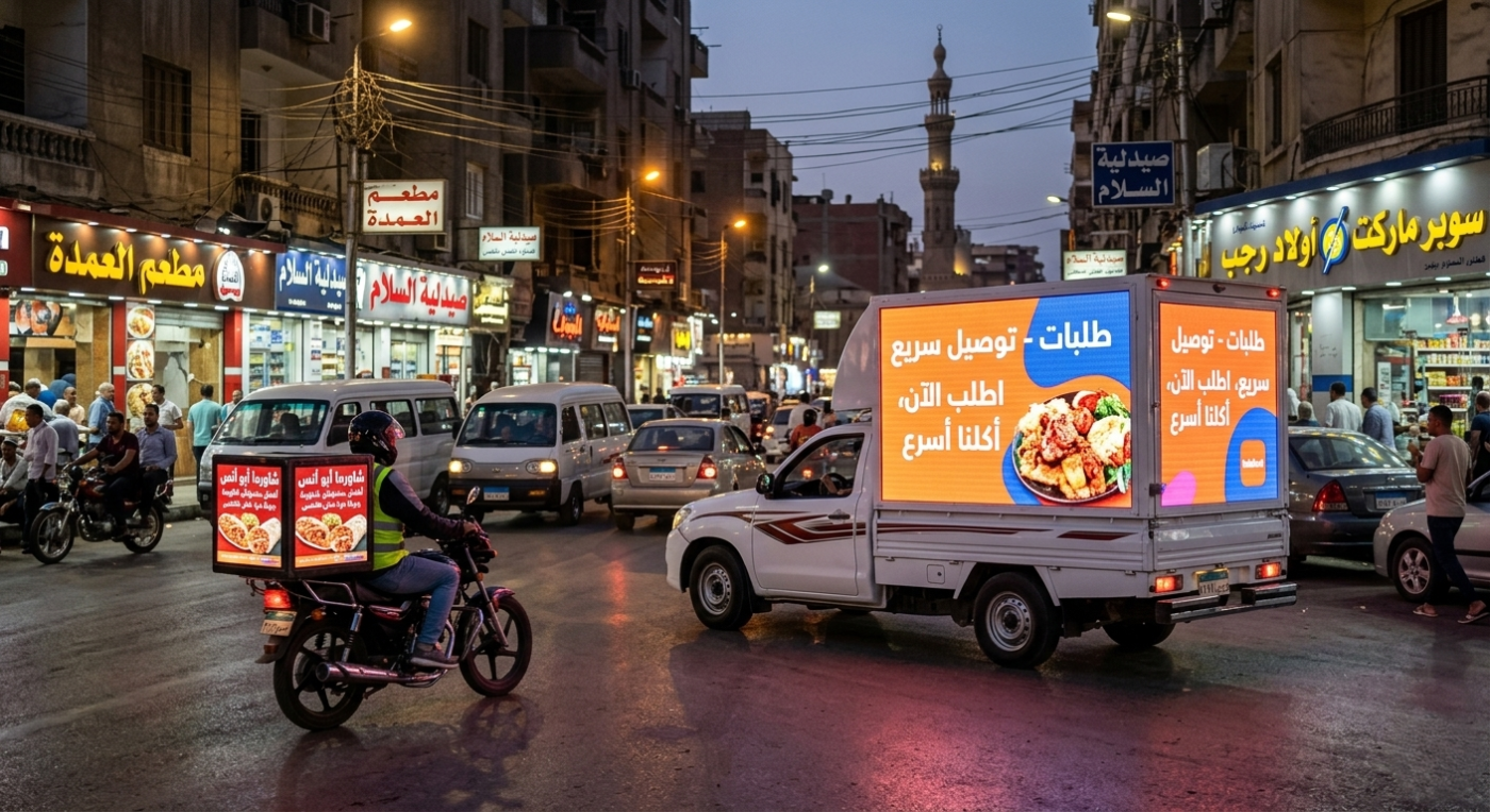 سيارة ودراجة نارية تحملان شاشات إعلانية مضيئة لتوصيل الطعام تسيران في شارع مزدحم بمدينة مصرية وقت الغروب، مع محلات مضاءة ومئذنة مسجد في الخلفية.