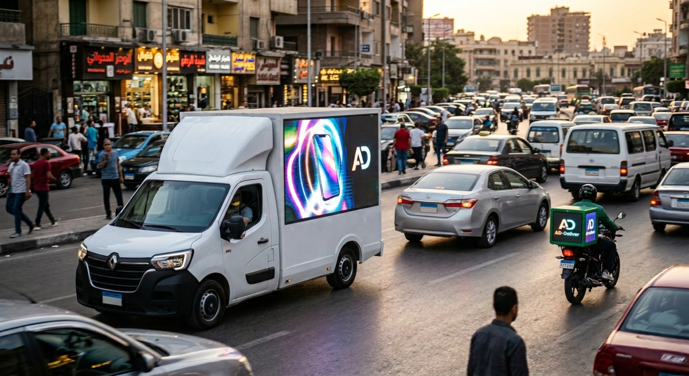 1. (الصورة الأساسية): مشروع إعلانات على العربيات باستخدام شاشة LED في شارع مزدحم بالقاهرة 2. (لو فيه صورة تانية): سيارة ضمن مشروع إعلانات على العربيات تعرض إعلان متحرك في الطريق 3. (لو صورة موتوسيكل): موتوسيكل يستخدم في مشروع إعلانات على العربيات داخل منطقة مزدحمة