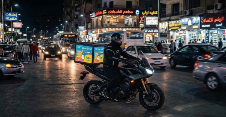 موتوسيكل مزود بإعلان متحرك يعرض محتوى تسويقي أثناء الحركة في شارع مزدحم
