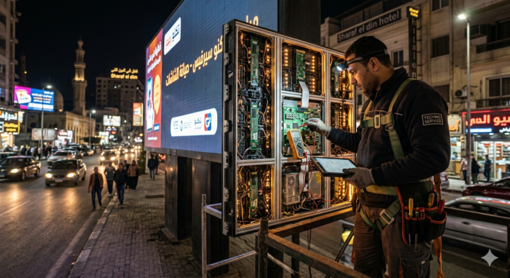 فني يقوم بصيانة شاشة LED من الخلف أثناء فحص المكونات الداخلية لضمان عمل الشاشة بكفاءة عالية