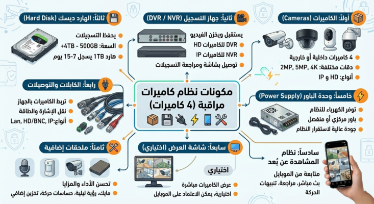 مكونات سيستم كاميرات مراقبة 4 كاميرات مع DVR وهارد ديسك