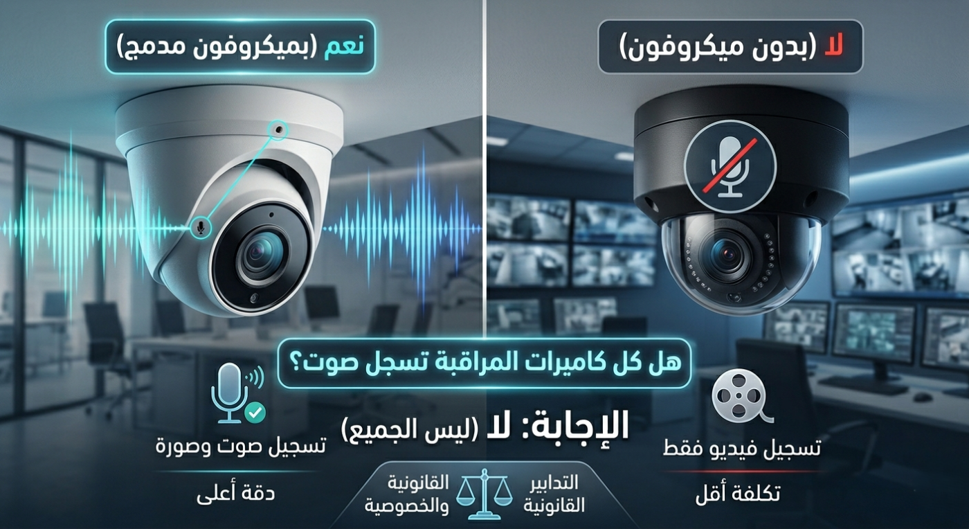 صورة مقارنة مقسمة تعرض نوعين من كاميرات المراقبة: كاميرا بيضاء (على اليسار) تسجل الصوت والصورة بميكروفون مدمج (معروض مع موجات صوتية)، وكاميرا سوداء (على اليمين) تسجل الفيديو فقط (معروضة مع علامة ميكروفون مشطوبة)، مع نصوص توضيحية باللغة العربية تشرح الاختلافات في الميزات والاعتبارات القانونية والخصوصية.
