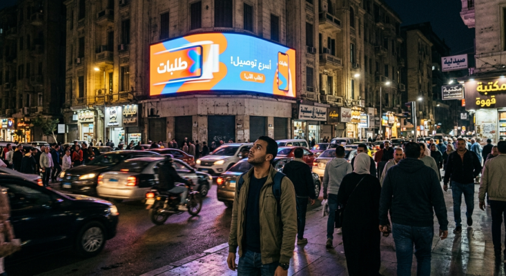 شاشة LED تعرض إعلان متحرك في شارع مزدحم ليلاً تجذب انتباه المارة والسيارات