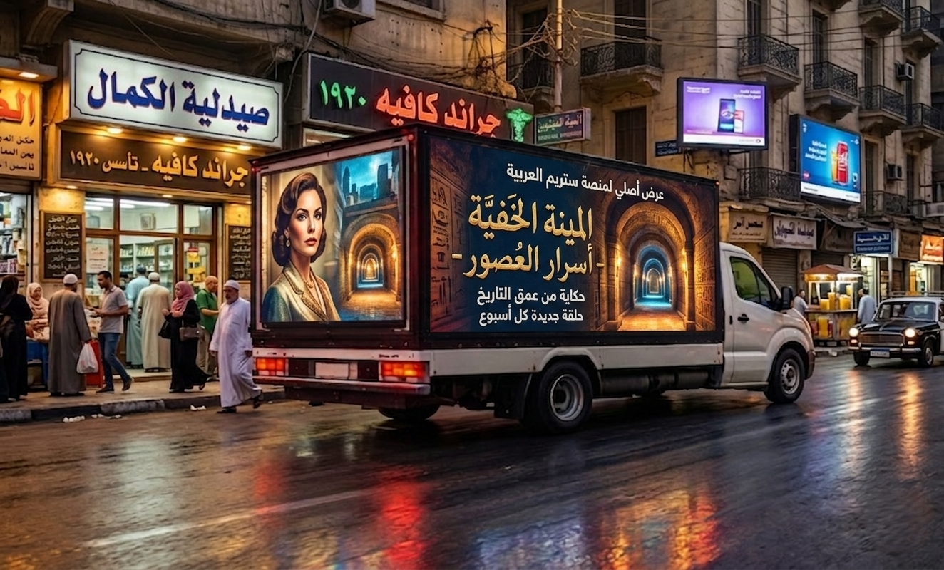سيارة مزودة بشاشة LED تعرض إعلان متحرك في شارع مزدحم