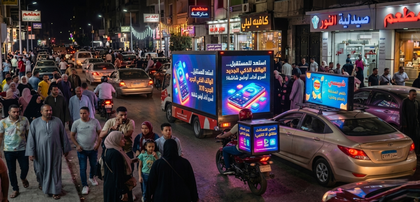 مارة في شارع مزدحم ينظرون إلى شاشة LED تعرض إعلانًا متحركًا يجذب الانتباه