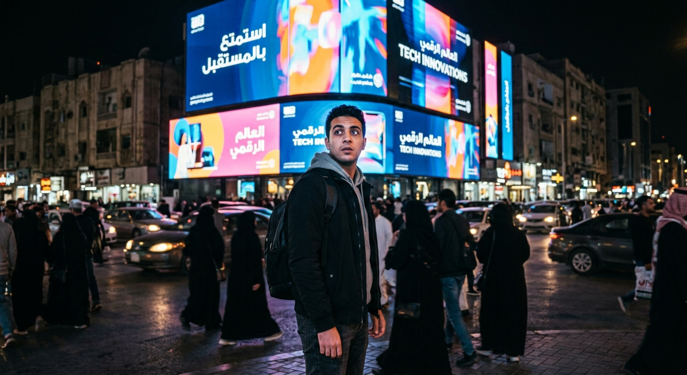 شخص في شارع ينظر إلى شاشات LED مضيئة تؤثر على انتباهه