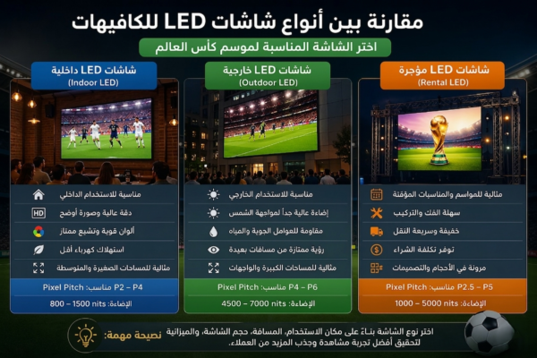 مقارنة بين أنواع شاشات LED للكافيهات: شاشات داخلية وخارجية وشاشات مؤجرة مع توضيح المميزات والاستخدامات خلال موسم كأس العالم.