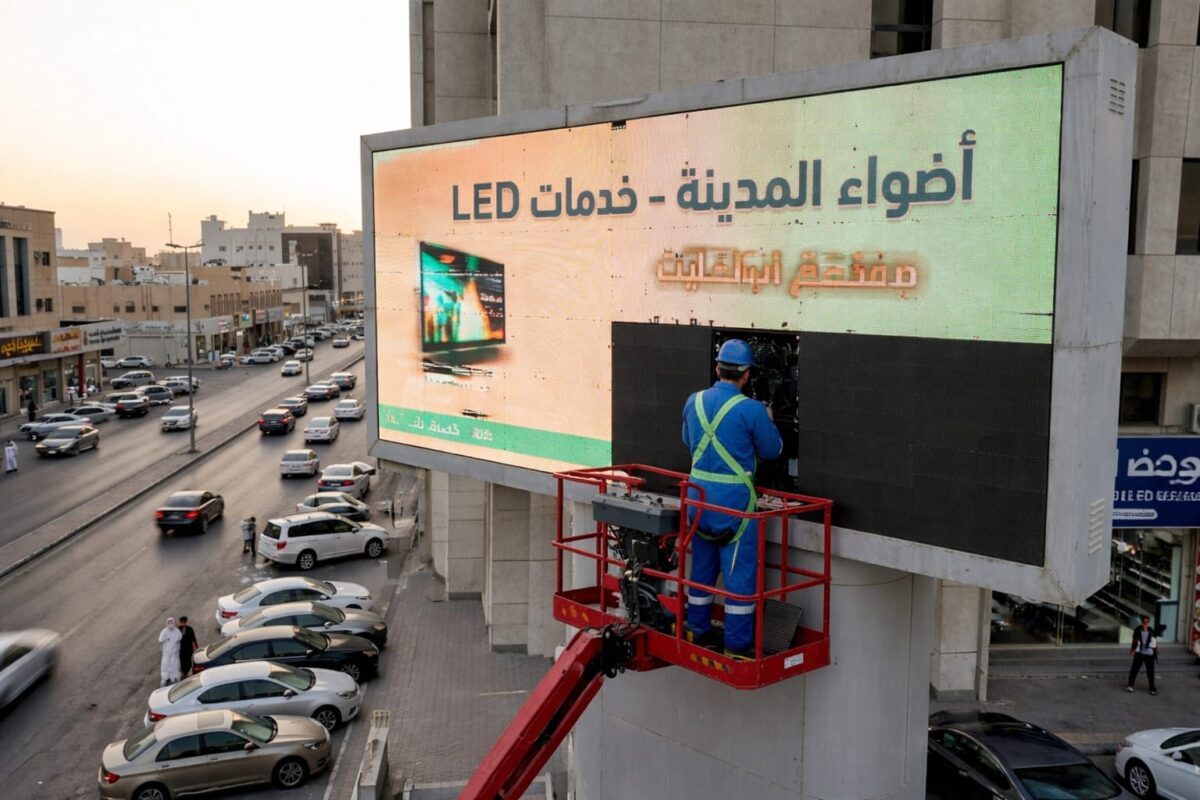 فني يقوم بصيانة شاشة LED إعلانية من الخلف على واجهة مبنى في شارع مزدحم
