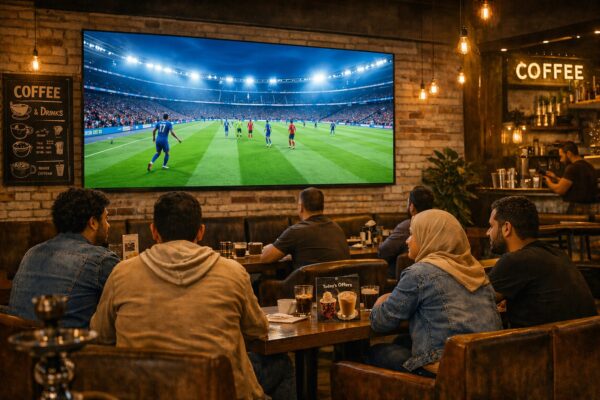 شاشة LED كبيرة داخل كافيه تعرض مباراة كرة قدم وسط أجواء حماسية للعملاء