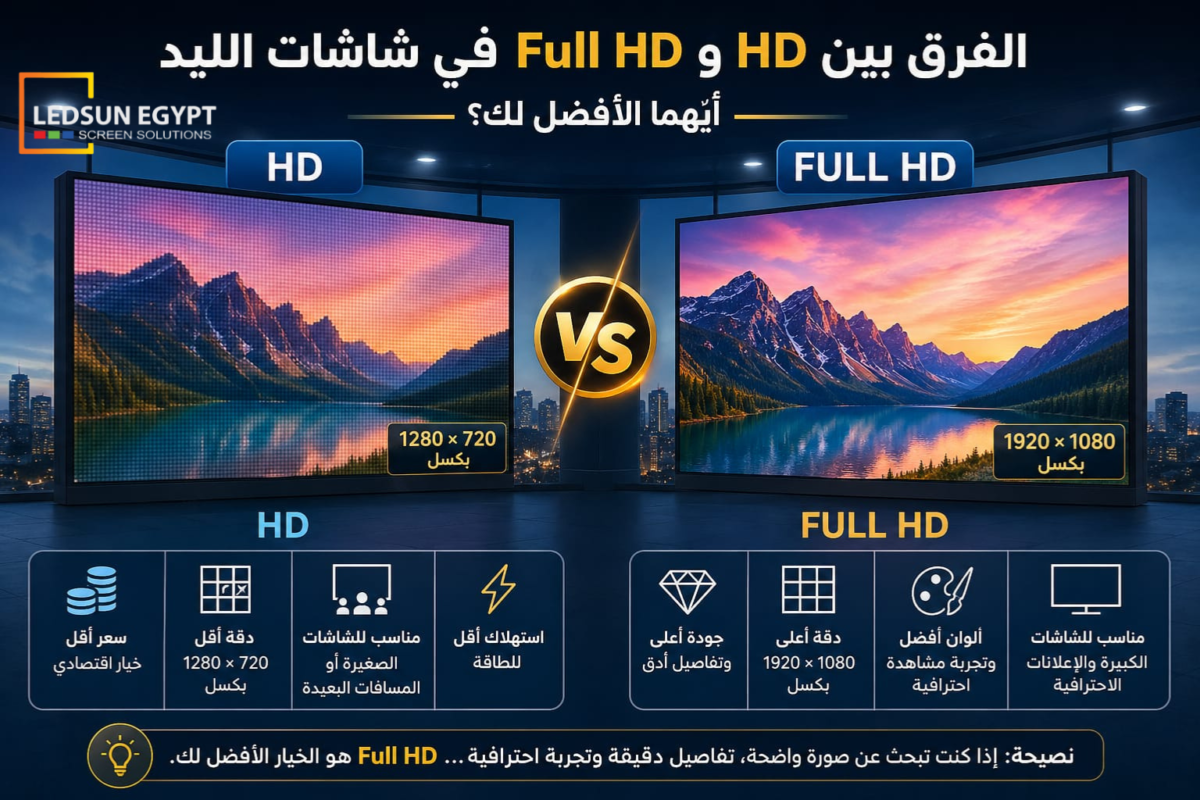 الفرق بين شاشات الليد HD و Full HD – أيهما الأنسب لاحتياجاتك؟