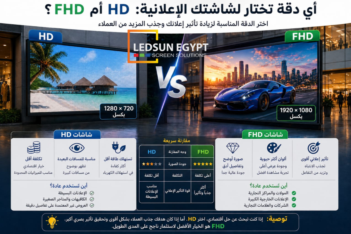 إنفوجرافيك يقارن بين شاشات ليد إعلانية بدقة HD و FHD، موضحًا الفرق في جودة الصورة، الدقة، التكلفة، واستخدام كل نوع في الإعلانات التجارية والخارجية، مع إبراز أن FHD يقدم وضوحًا أعلى وتأثيرًا بصريًا أقوى.