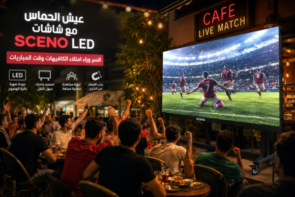 جمهور داخل كافيه يشاهد مباراة كرة قدم بحماس على شاشة SCENO LED المتحركة عالية الوضوح أثناء وقت المباريات.
