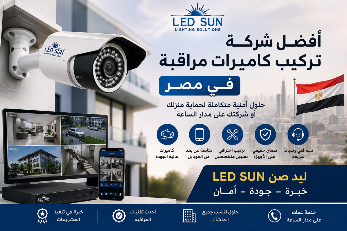 فني يقوم بتركيب كاميرا مراقبة حديثة من شركة ليد صن مع عرض أنظمة مراقبة ذكية وشاشات متابعة في بيئة سكنية حديثة
