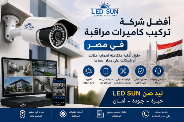 فني يقوم بتركيب كاميرا مراقبة حديثة من شركة ليد صن مع عرض أنظمة مراقبة ذكية وشاشات متابعة في بيئة سكنية حديثة