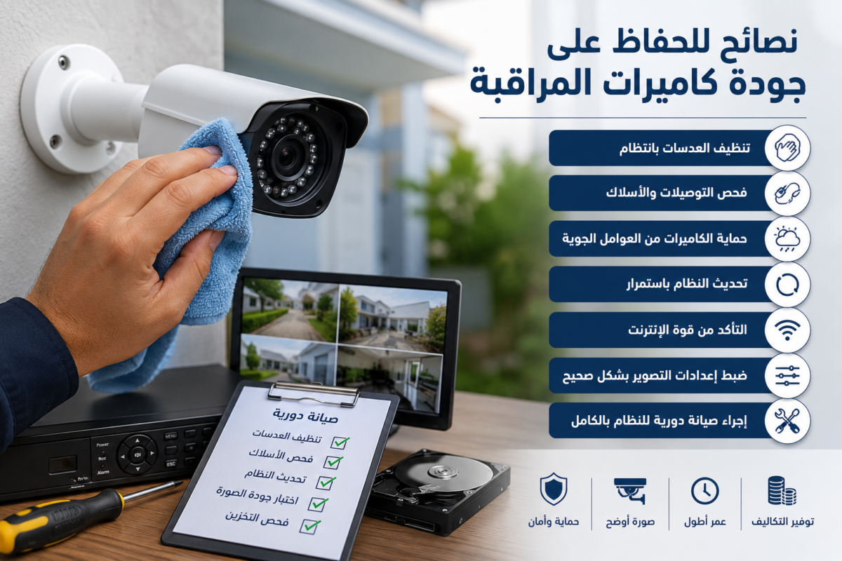 فني يقوم بتنظيف وضبط كاميرات المراقبة للحفاظ على جودة التصوير