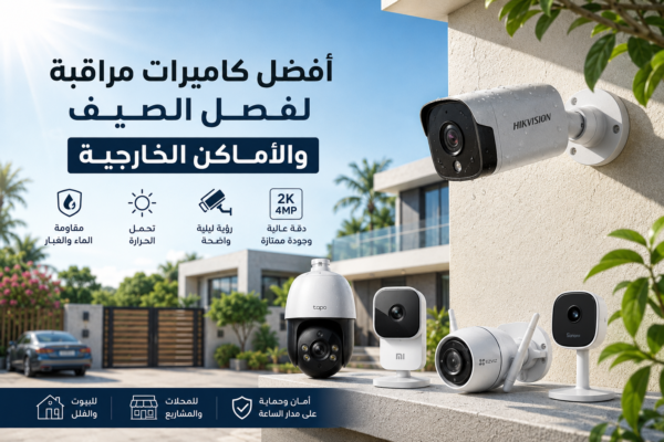 كاميرات مراقبة خارجية حديثة مثبتة على مباني في أجواء صيفية حارة لضمان الأمان والحماية