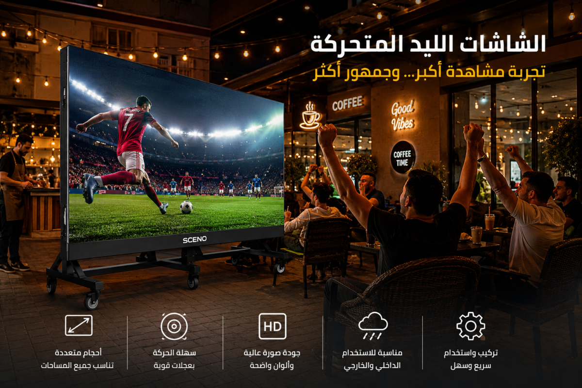 شاشة LED متحركة SCENO داخل كافيه حديث تعرض مباراة كرة قدم مع تفاعل العملاء وتشجيعهم أثناء المشاهدة.