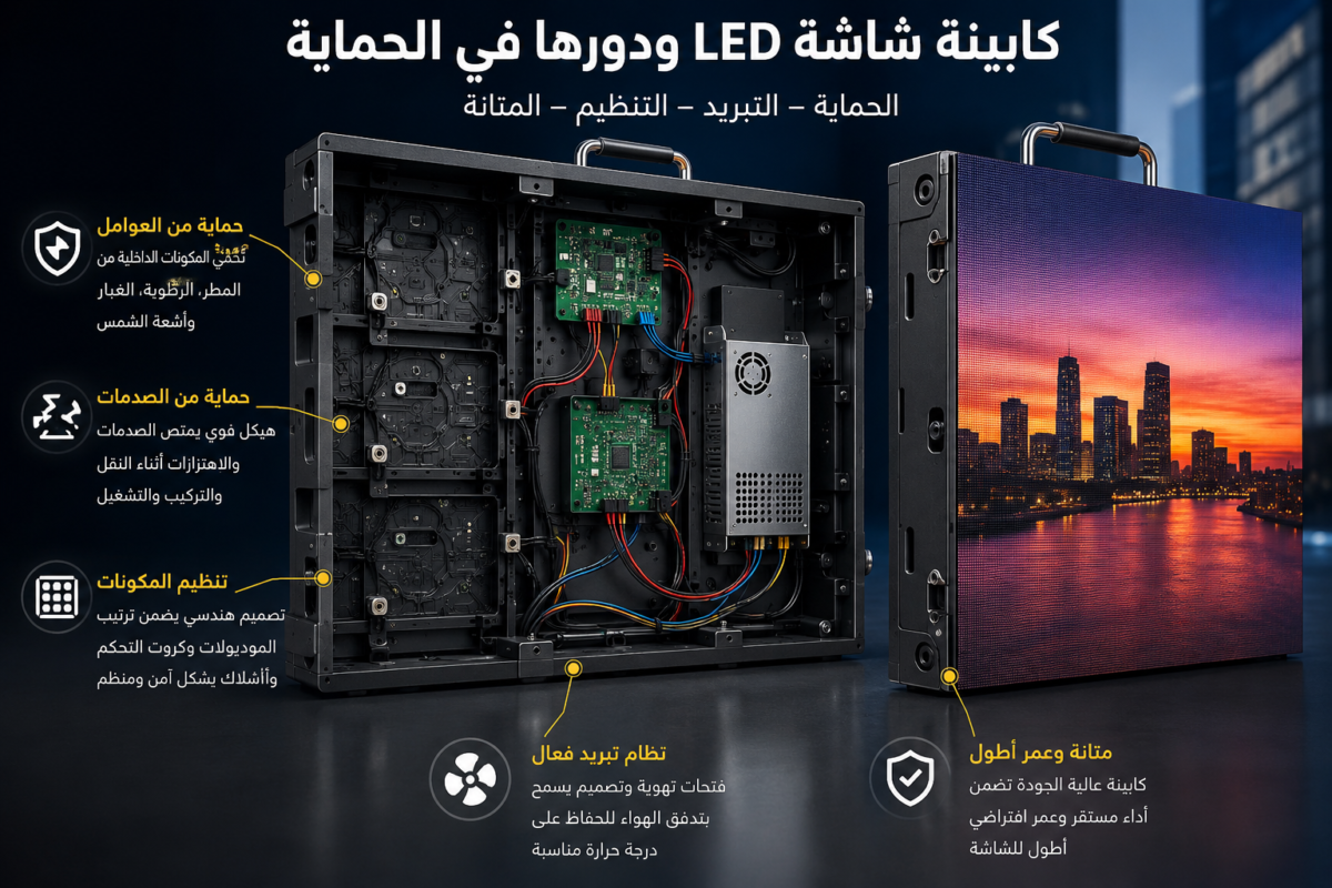 صورة توضح كابينة شاشة LED وهيكل الحماية الداخلي لمكونات شاشة العرض