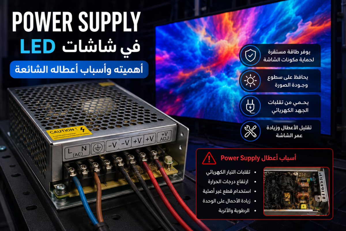 Power Supply في شاشات LED مع توضيح أهميته وأسباب الأعطال الشائعة داخل شاشات العرض الإلكترونية