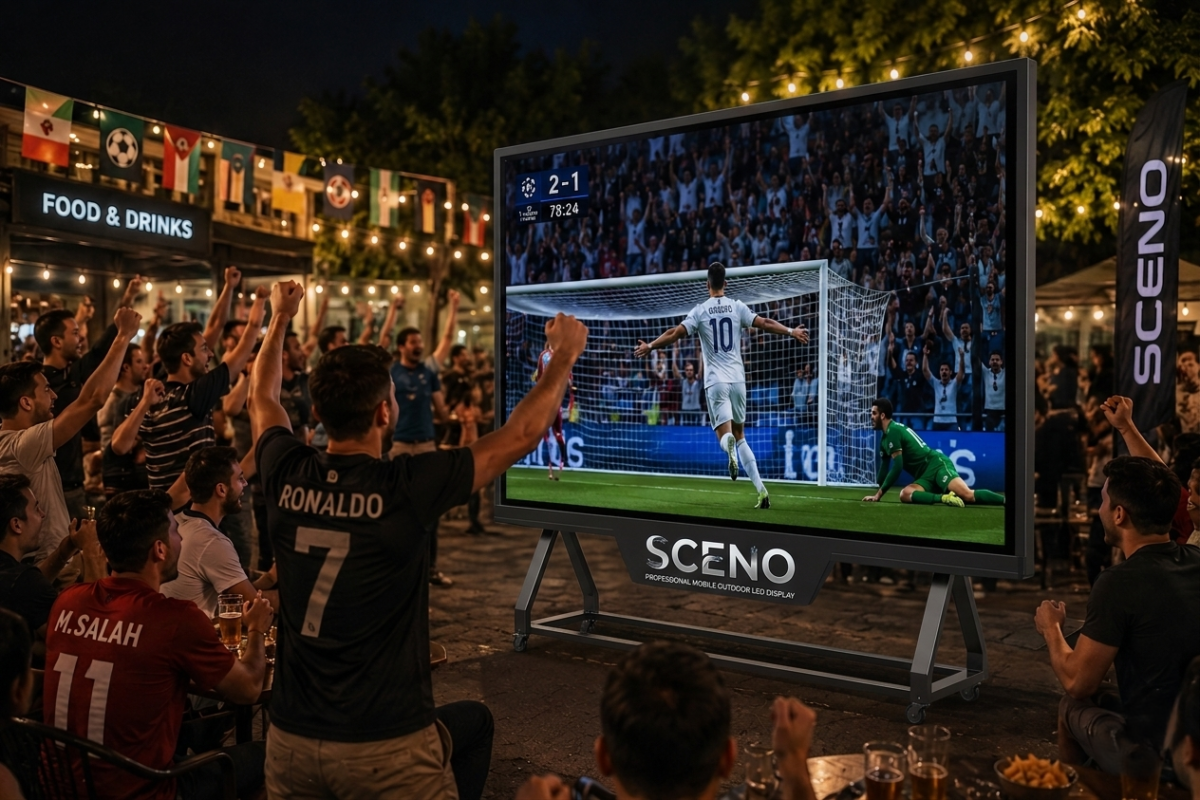 شاشة SCENO المتنقلة تعرض مباراة كرة قدم داخل كافيه مزدحم بالجمهور