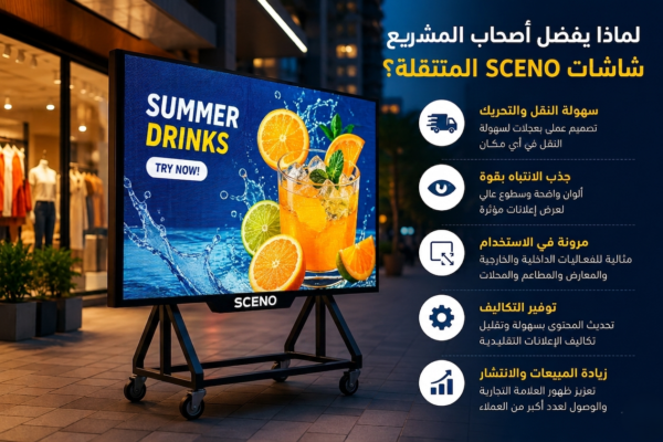 "تصميم ثلاثي الأبعاد لشاشة LED إعلانية متنقلة ماركة SCENO، مثبتة على حامل معدني أسود بعجلات في شارع تجاري ليلاً، مع نص توضيحي باللغة العربية حول مميزات المنتج".
