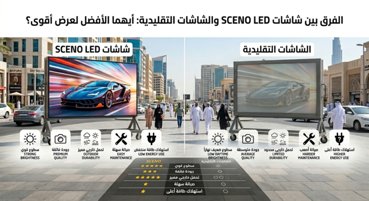 صورة بانورامية أفقية لمقارنة جنبًا إلى جنب بين شاشة SCENO LED المشرقة للغاية والتي تعرض سيارة رياضية على اليسار، وشاشة تقليدية باهتة ومظلمة تعرض نفس السيارة على اليمين. يظهر الجزء العلوي عنوانًا باللغة العربية يتساءل عن الأفضل. تحت كل شاشة، توجد أيقونات تصف الميزات: السطوع، الجودة، التحمل، الصيانة، واستهلاك الطاقة. في الأسفل على الأرض، توجد لوحة مقارنة تقيم كل نوع باستخدام النجوم والدوائر. البيئة عبارة عن شارع مدينة مشمس وحديث.