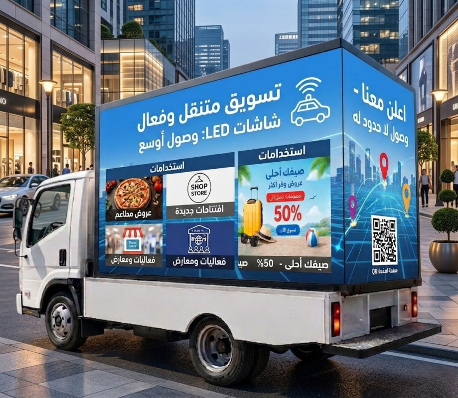 شاحنة إعلانية متحركة مزودة بشاشات LED رقمية كبيرة من الجوانب والخلف، تعرض محتوى تسويقياً ملوناً في شارع مدني حديث ليلاً، مع إضاءة جذابة تعكس حداثة الوسيلة الإعلانية وسهولة وصولها للجمهور.