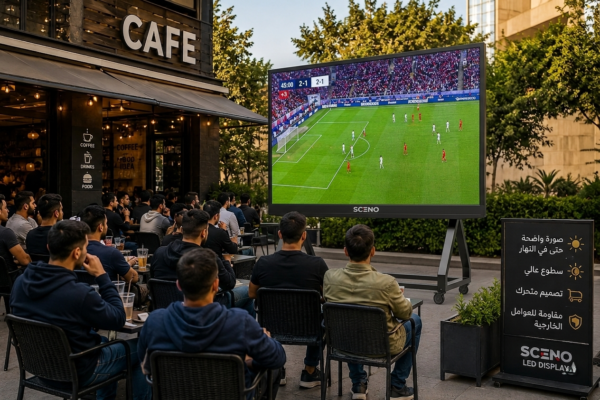 شاشة SCENO LED خارجية أمام كافيه تعرض مباراة كرة قدم بوضوح عالي في ضوء النهار