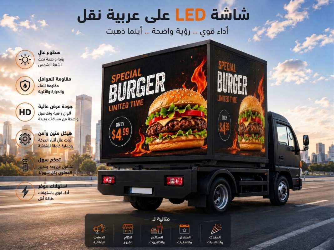 شاشة LED كبيرة على عربية نقل تعرض إعلانًا احترافيًا في شارع بمدينة حديثة لاستخدامات الإعلانات المتنقلة الخارجية.