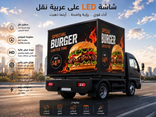 شاشة LED كبيرة على عربية نقل تعرض إعلانًا احترافيًا في شارع بمدينة حديثة لاستخدامات الإعلانات المتنقلة الخارجية.