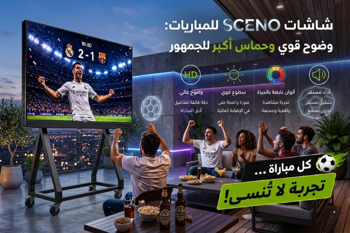 شاشة SCENO LED متنقلة تعرض مباراة كرة قدم داخل كافيه وسط تجمع الجمهور