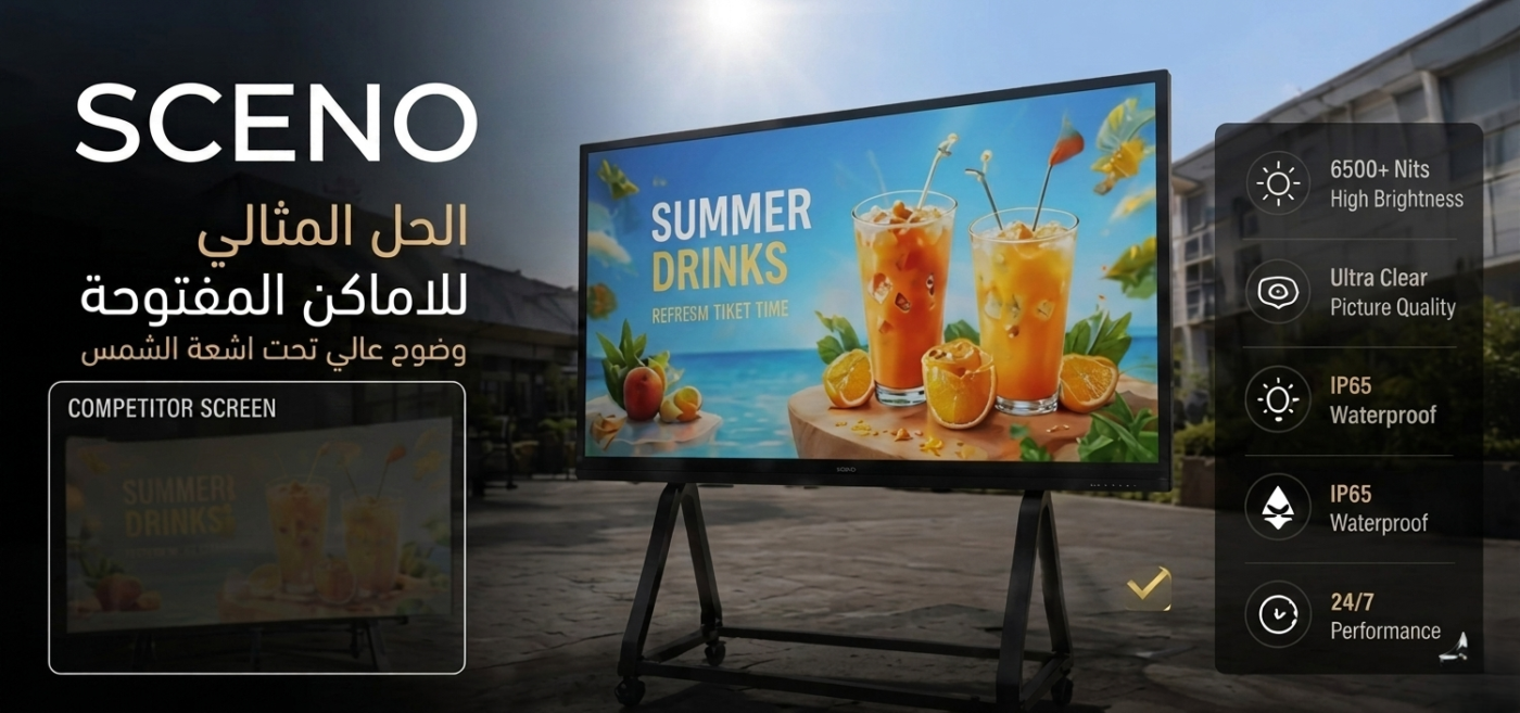 شاشة SCENO LED خارجية عالية السطوع مثبتة على حامل متنقل بعجلات، تعرض إعلانًا لمشروبات صيفية بوضوح قوي تحت أشعة الشمس، مع مقارنة بشاشة تقليدية أقل وضوحًا وإبراز مزايا الأداء الخارجي.