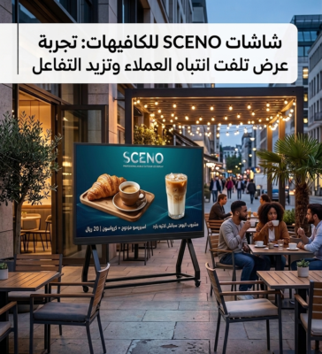 شاشة LED خارجية ذكية ماركة SCENO بحجم كبير وتصميم نحيف، موضوعة على ستاند أسود بمكان مفتوح لكافيه، تعرض صوراً ترويجية لمنتجات القهوة والمخبوزات بأسعارها، بجوار منطقة جلوس خارجية مضاءة ليلاً.