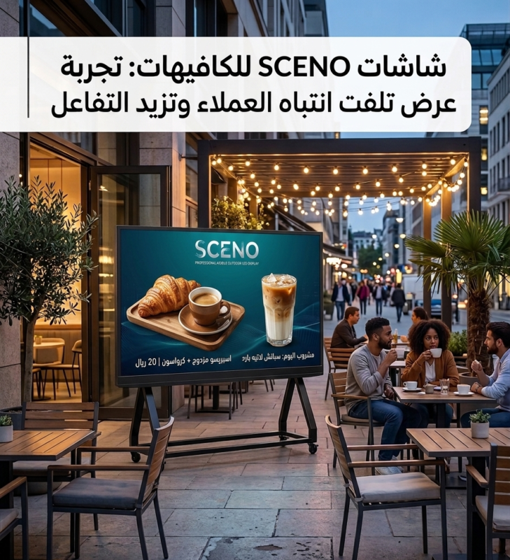 شاشة LED خارجية ذكية ماركة SCENO بحجم كبير وتصميم نحيف، موضوعة على ستاند أسود بمكان مفتوح لكافيه، تعرض صوراً ترويجية لمنتجات القهوة والمخبوزات بأسعارها، بجوار منطقة جلوس خارجية مضاءة ليلاً.