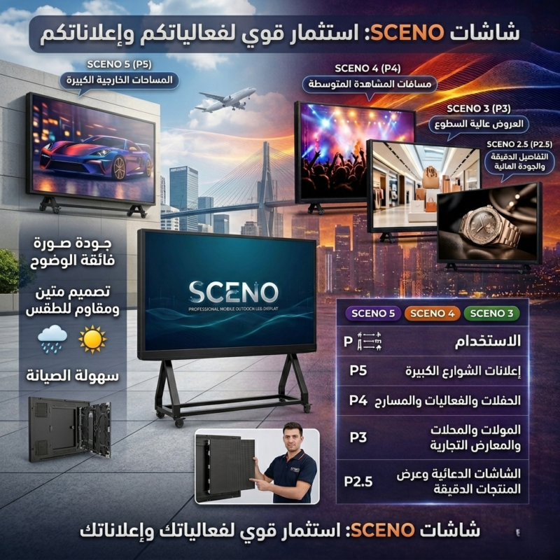 صورة إعلانية عربية شاملة لعائلة شاشات SCENO LED. تعرض أربعة موديلات (P5, P4, P3, P2.5) مع أمثلة للمحتوى (سيارة، حفلة، متجر، ساعة)، ورموز تبرز ميزات "جودة الصورة"، "مقاومة الطقس"، و"سهولة الصيانة". يتضمن التصميم جدول مواصفات مفصل ومشهد صيانة، مع عنوان "شاشات SCENO: استثمار قوي لفعالياتكم وإعلاناتكم" متكرر في الأعلى والأسفل.