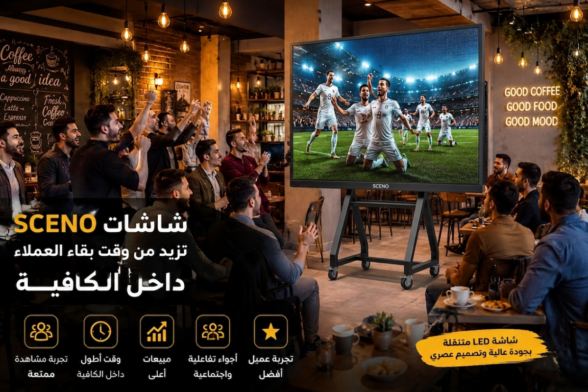 كافيه عصري مزدحم بالعملاء يشاهدون مباراة كرة قدم على شاشة SCENO LED متنقلة، مع أجواء حماسية وتفاعل جماعي يزيد من وقت بقاء الزوار داخل المكان.