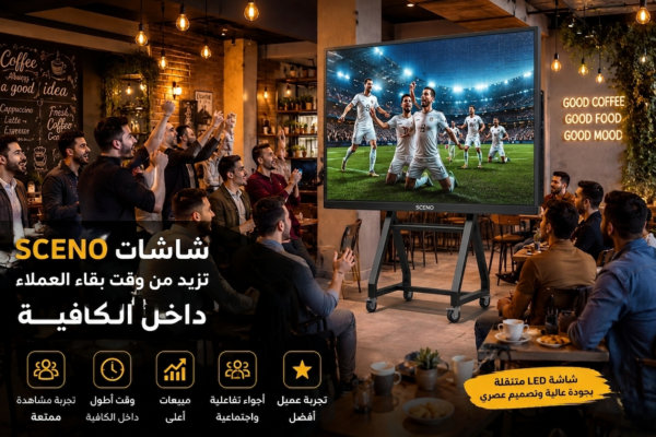 كافيه عصري مزدحم بالعملاء يشاهدون مباراة كرة قدم على شاشة SCENO LED متنقلة، مع أجواء حماسية وتفاعل جماعي يزيد من وقت بقاء الزوار داخل المكان.