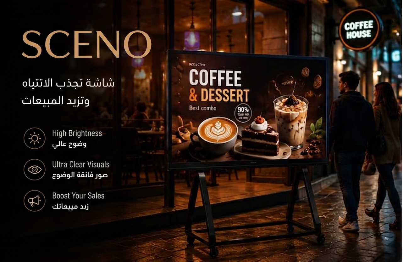 شاشة SCENO LED متنقلة أمام كافيه عصري ليلًا تعرض إعلانًا للقهوة والحلويات، مع إضاءة دافئة ومارة ينظرون إليها في شارع حديث أنيق.