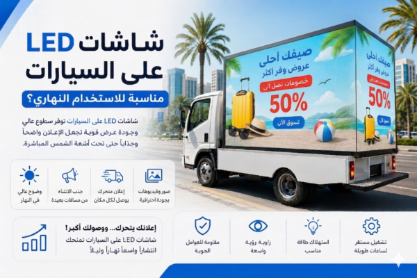 صورة إعلانية لشاحنة بيضاء حديثة تحمل شاشة LED عملاقة في الخلف وشاشة جانبية، تعرض إعلاناً لعروض صيفية بخصم 50% مع صورة حقيبة سفر وقبعة وشاطئ. التصميم يحتوي على أيقونات توضح مميزات الشاشة مثل الوضوح العالي، زاوية الرؤية الواسعة، والمقاومة للظروف الجوية.