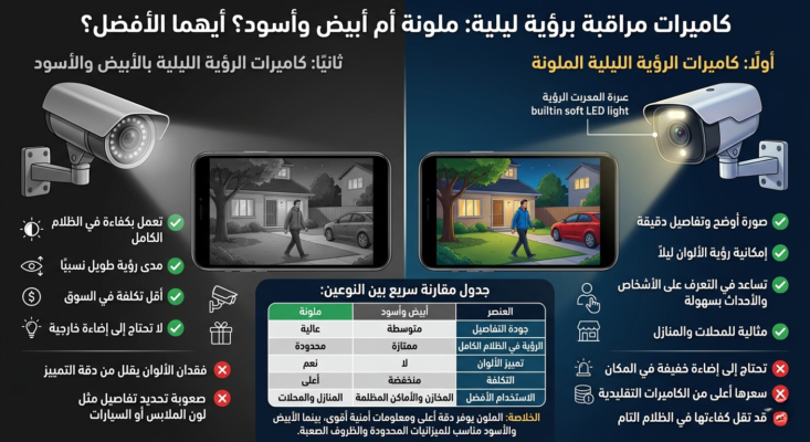 مقارنة بين كاميرات المراقبة بالرؤية الليلية بالأبيض والأسود والكاميرات الملونة مع توضيح فرق وضوح الصورة والتفاصيل