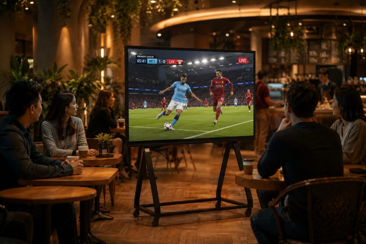 شاشة LED متنقلة من SCENO داخل كافيه عصري تعرض مباراة كرة قدم، محاطة بعملاء يجلسون على طاولات خشبية في أجواء دافئة ومودرن.
