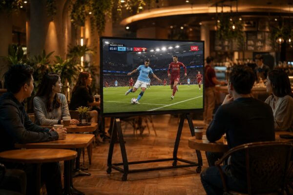 شاشة LED متنقلة من SCENO داخل كافيه عصري تعرض مباراة كرة قدم، محاطة بعملاء يجلسون على طاولات خشبية في أجواء دافئة ومودرن.