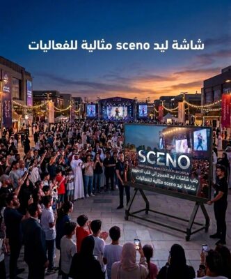 شاشة SCENO LED متنقلة تعرض محتوى تفاعلي في فعالية خارجية مع حضور جمهور يتفاعل مع العرض وتوضيح دورها في نجاح الفعاليات