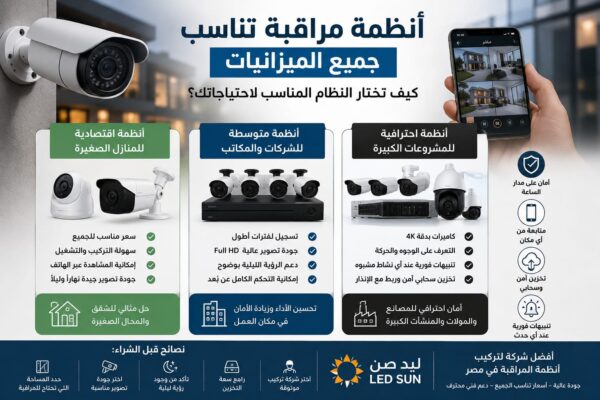 إنفوجرافيك عربي لأنظمة المراقبة يعرض كاميرات مراقبة منزلية واحترافية مع مقارنة بين الأنظمة الاقتصادية والمتوسطة والاحترافية وإمكانية المتابعة عبر الهاتف.